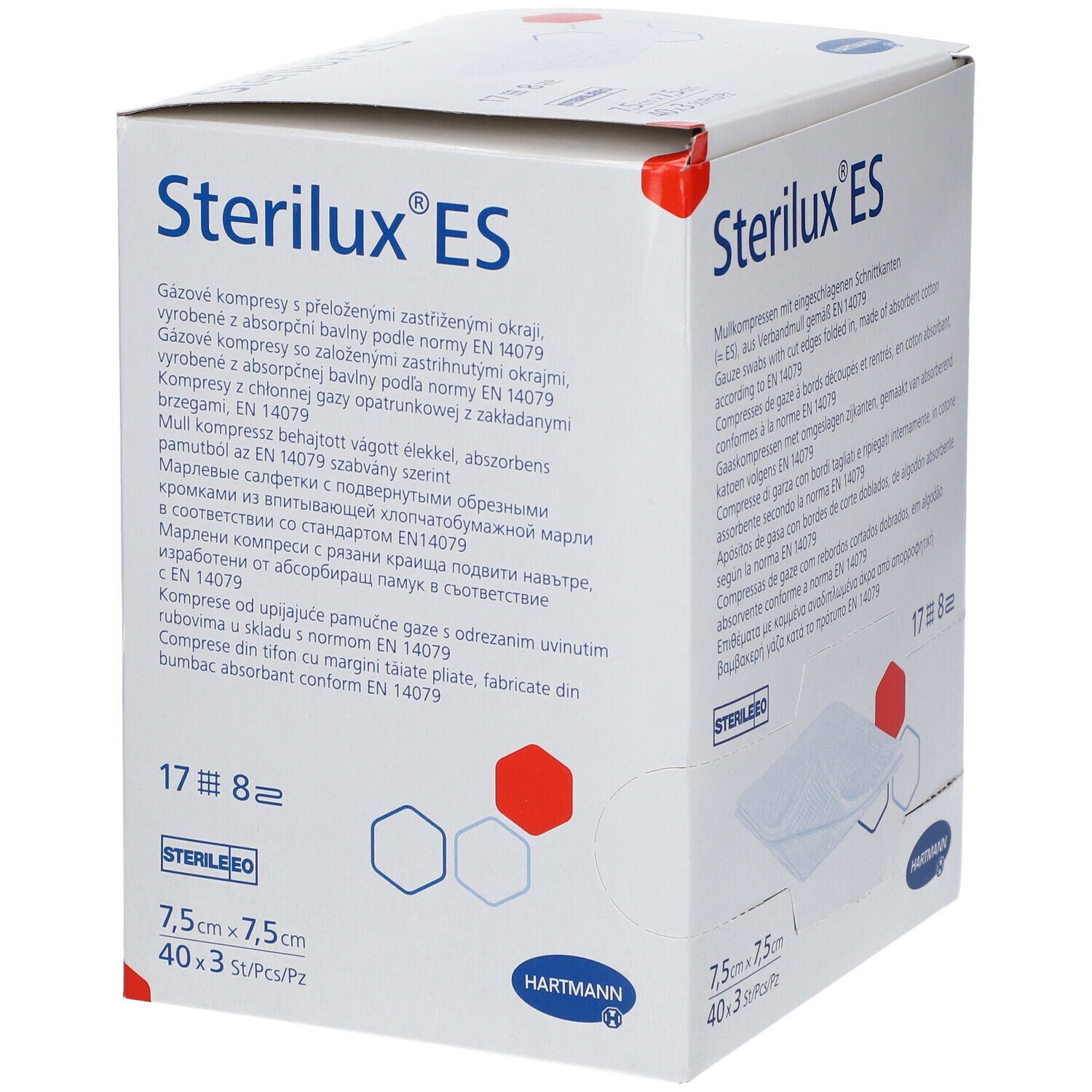Verpakking van Sterilux ES. Bevat 40 steriele kompressen, 7,5x7,5cm. Merk Hartmann. Met certificering.