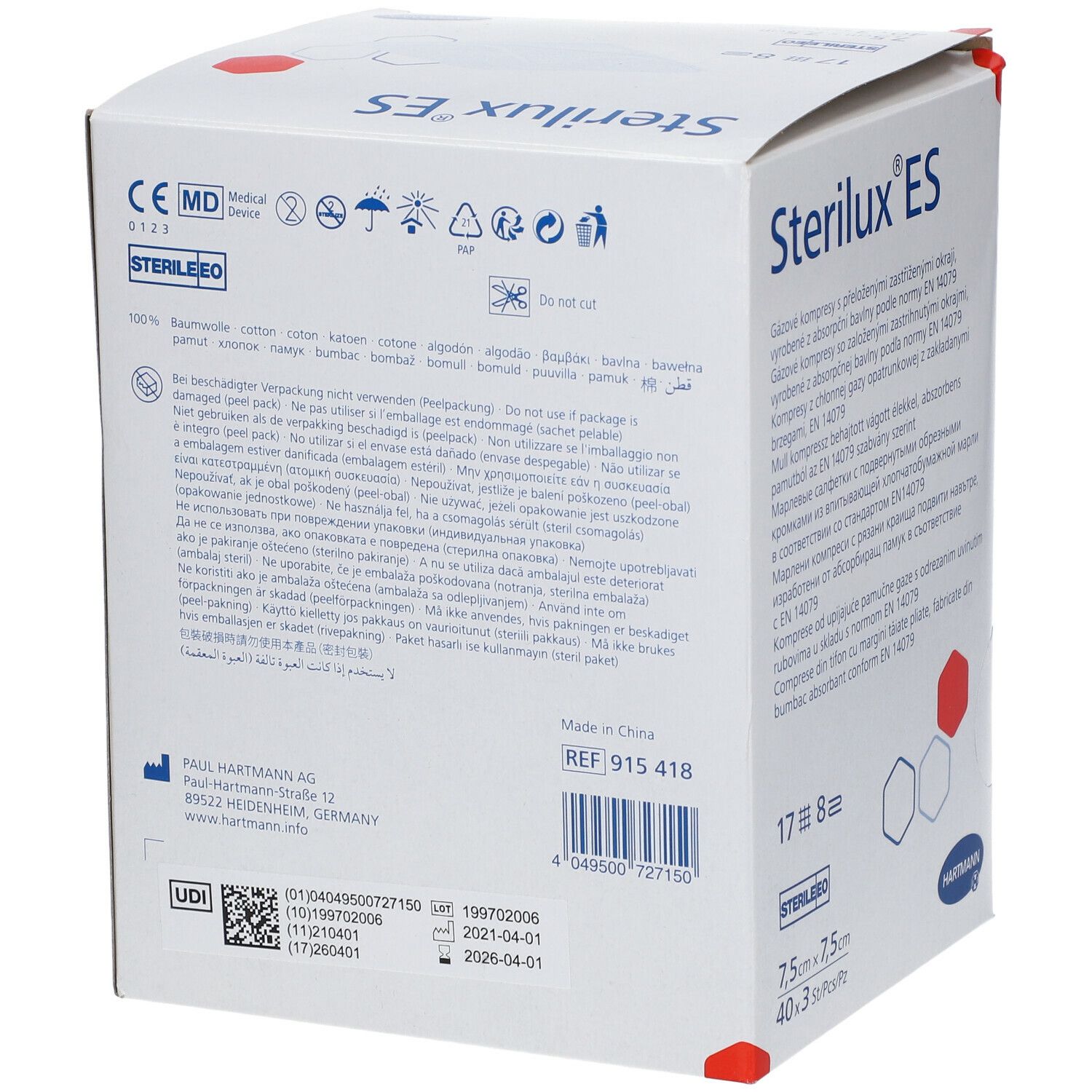Achterkant van de Sterilux ES verpakking. Bevat informatie, fabrikantenadres, batchnummer en houdbaarheidsdatum.