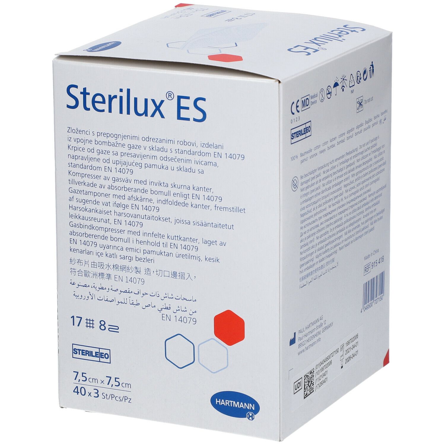 Verpakking van Sterilux ES. Bevat 40 steriele kompressen, 7,5x7,5cm. Merk Hartmann. Met certificering.