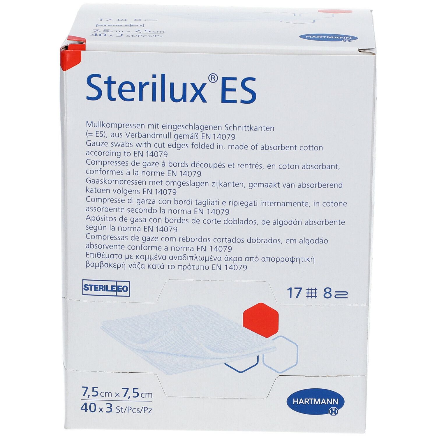 Verpakking van Sterilux ES. Bevat 40 steriele kompressen, 7,5x7,5cm. Merk Hartmann. Met certificering.