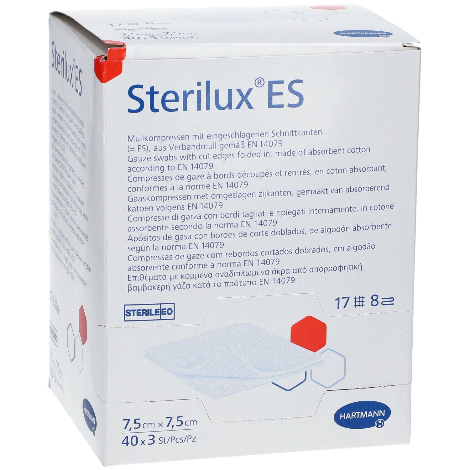 Verpakking van Sterilux ES. Bevat 40 steriele kompressen, 7,5x7,5cm. Merk Hartmann. Met certificering.