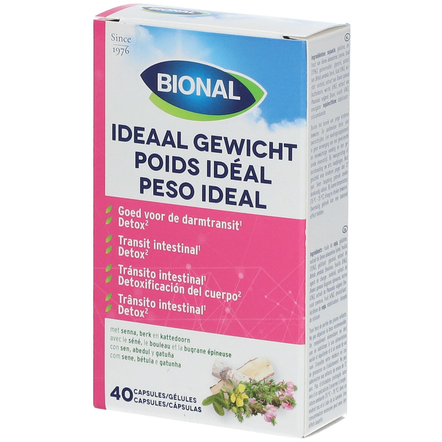 Boîte de Bional Poids Idéal. Contient 40 gélules. Couleurs rose et bleu.