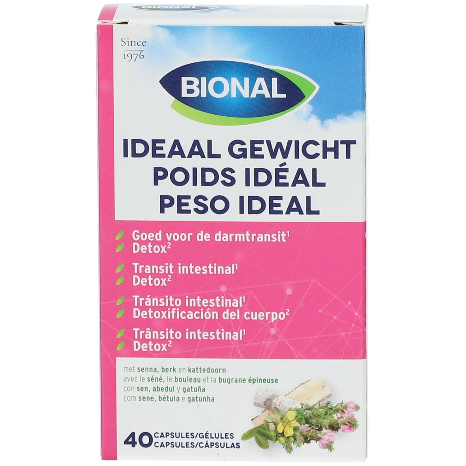 Boîte de Bional Poids Idéal. Couleurs rose et bleu. Contient 40 gélules.