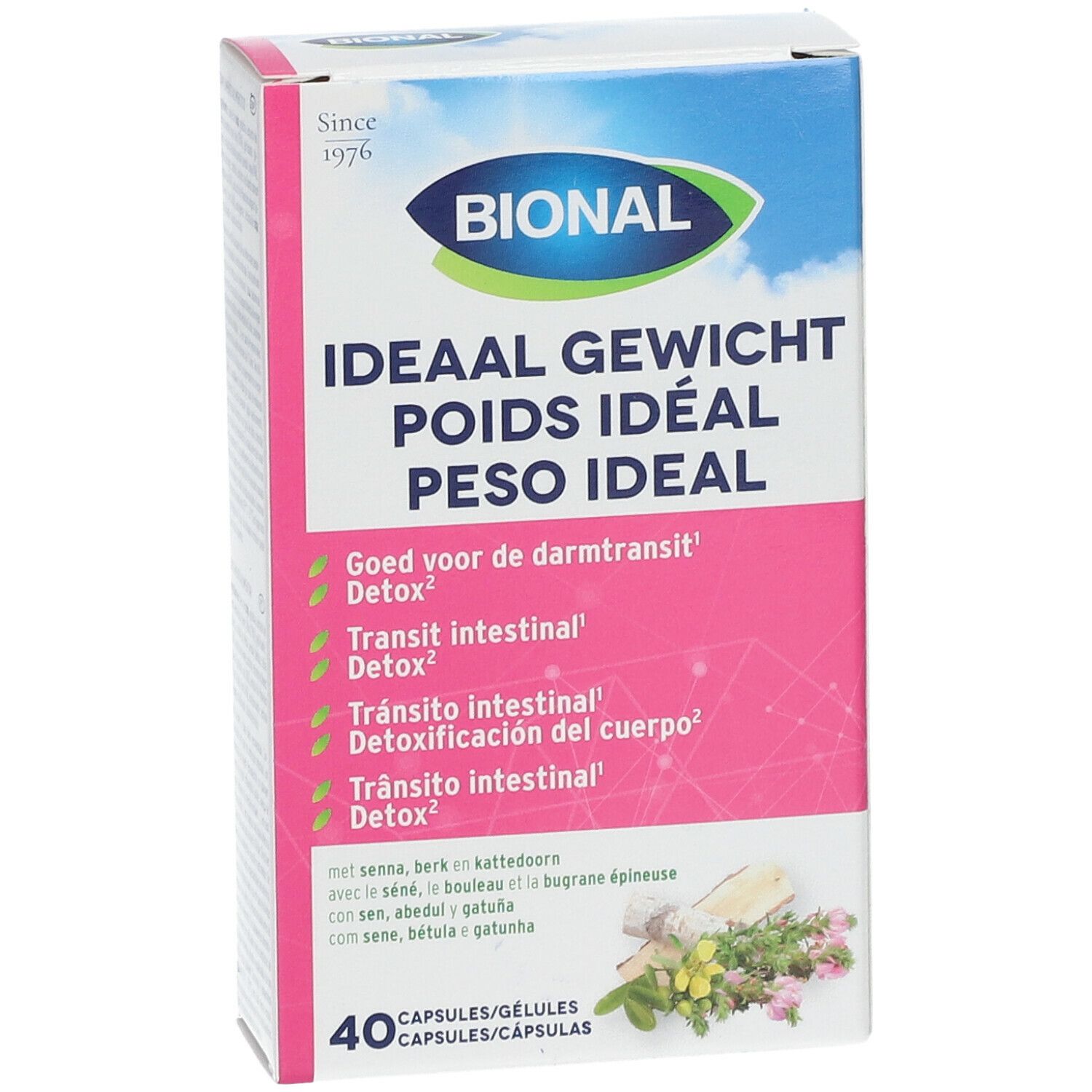 Boîte de Bional Poids Idéal. Couleurs rose et bleu. Contient 40 gélules.