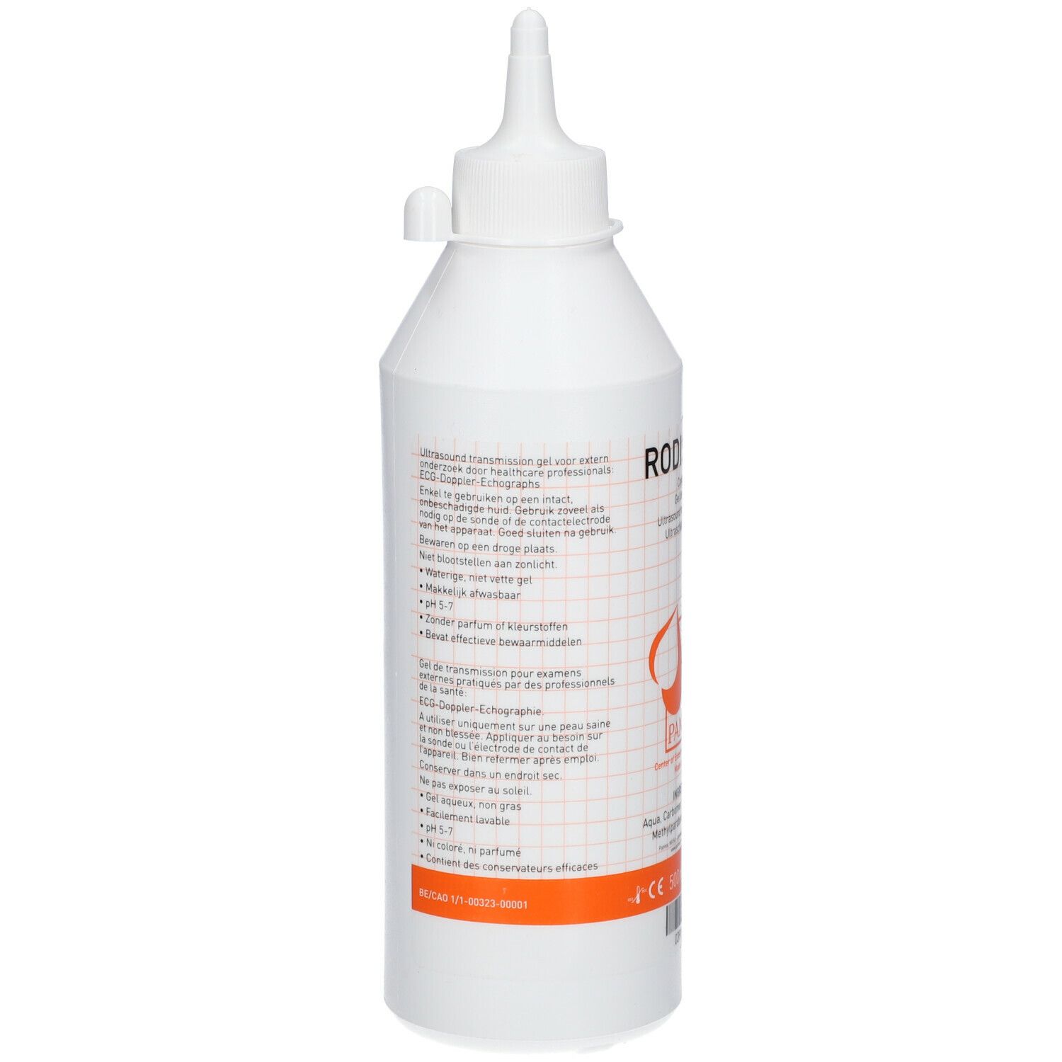 Flacon blanc avec impression RODISONIC. Verso avec texte et logo orange. Contient du gel de contact.