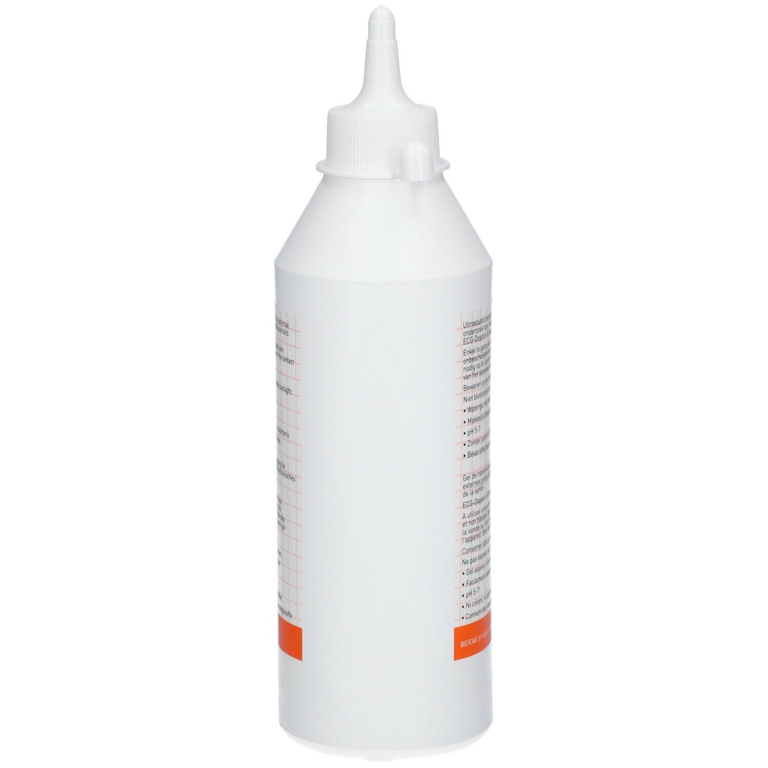 Flacon blanc avec texte. Bande orange au bas. Contient du gel de contact.