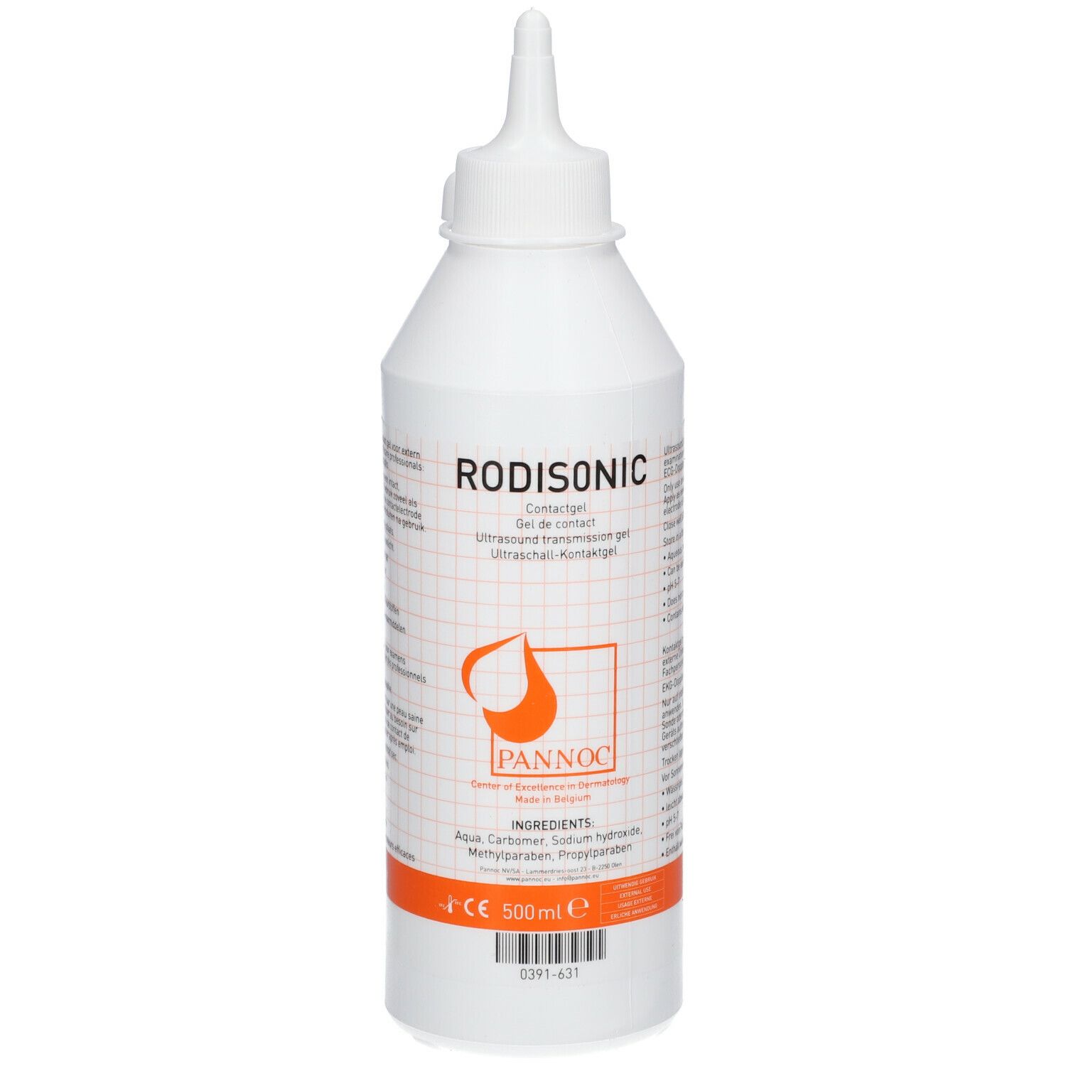 Flacon blanc avec impression RODISONIC. Contient du gel de contact. Logo et texte orange. Indication de 500 ml.