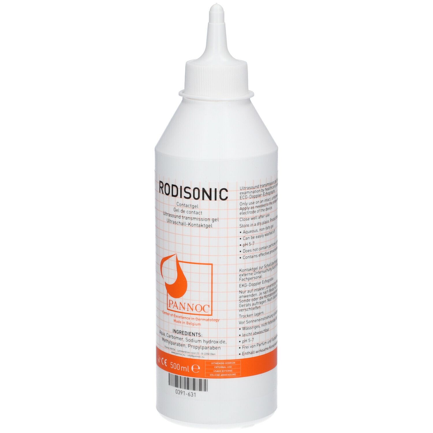 Flacon blanc avec impression RODISONIC. Contient du gel de contact. Logo et texte orange. Indication de 500 ml.