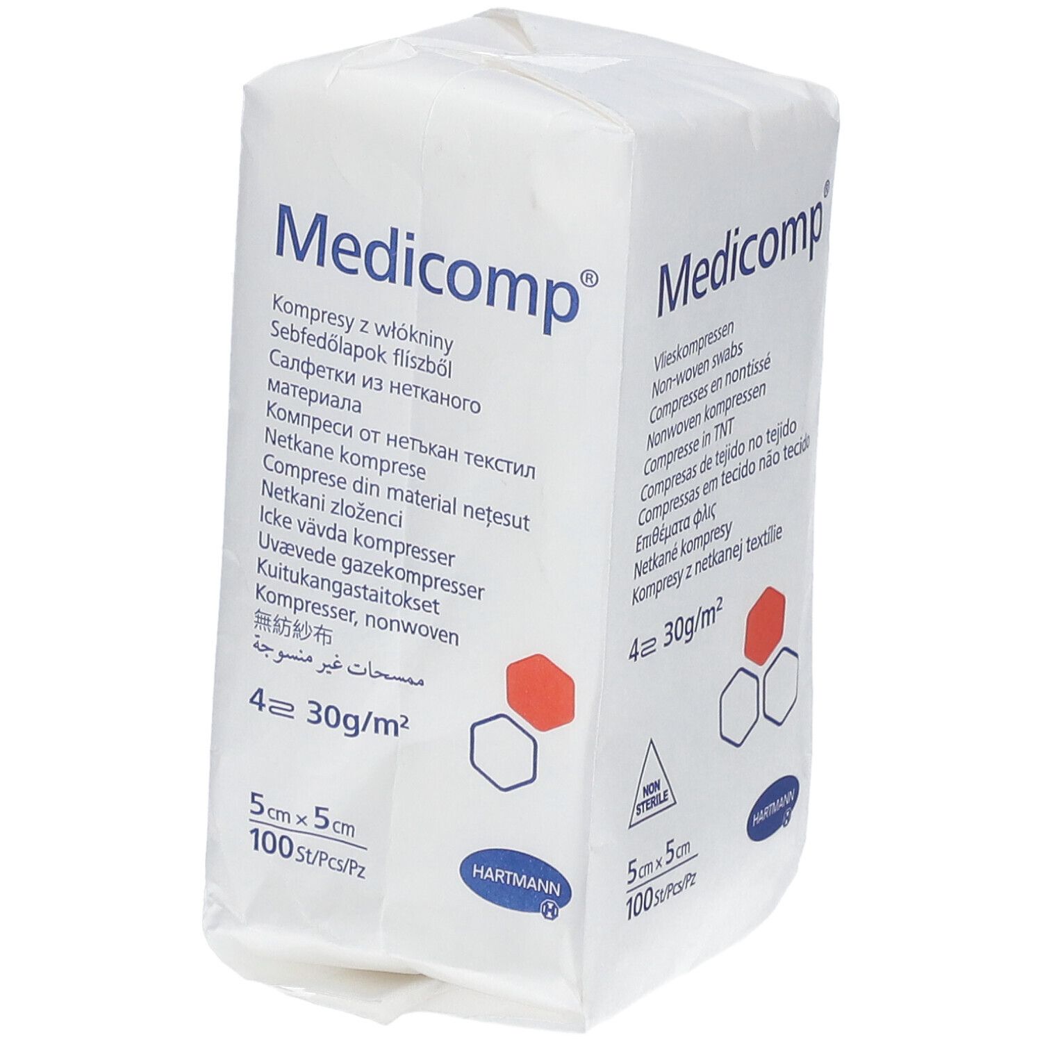 Emballage de compresses Medicomp. 5x5cm, 100 pièces. Inscriptions multilingues. Logo Hartmann. Compresses non tissées.