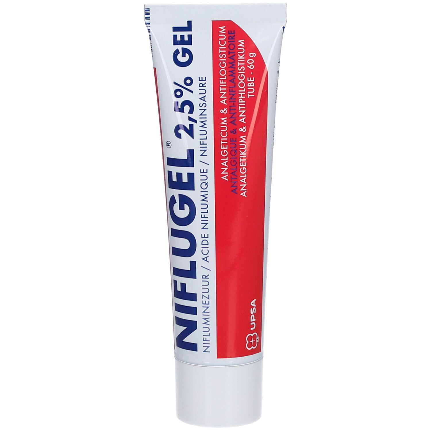 Tube Niflugel 2,5% Gel. Wit-rode tube met productnaam en informatie. Bevat 60g. Merk UPSA.