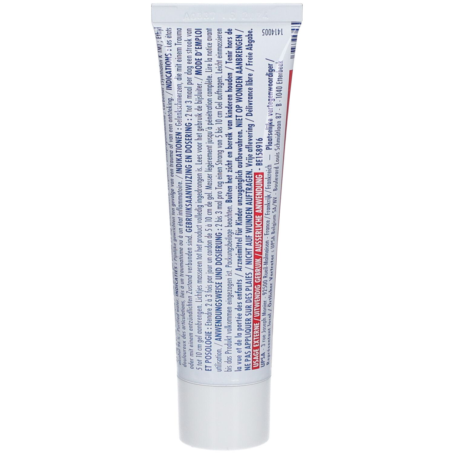 Achterkant van de Niflugel 2,5% Gel tube. Bevat informatie over gebruik, ingrediënten en waarschuwingen.