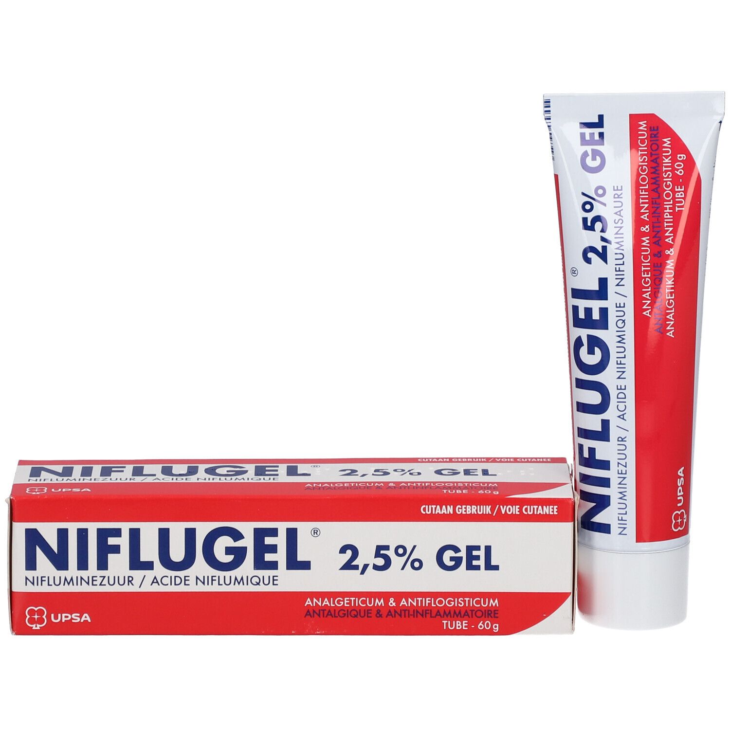 Niflugel 2,5% Gel tube en doos. Tube en doos tonen productnaam en informatie. Merk UPSA.
