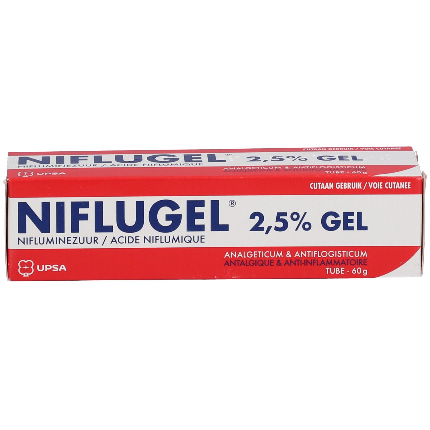 Doos Niflugel 2,5% Gel. Rode doos met productnaam en informatie. Merk UPSA.