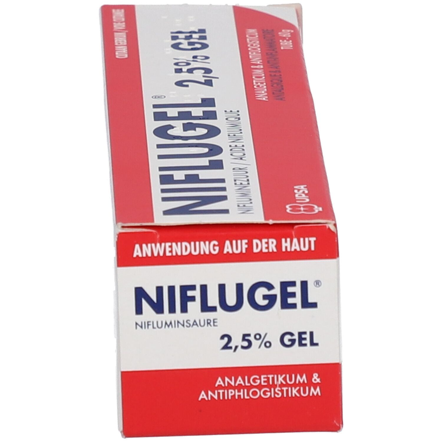 Doos Niflugel 2,5% Gel. Rode doos met productnaam en gebruiksaanwijzing. Merk UPSA.
