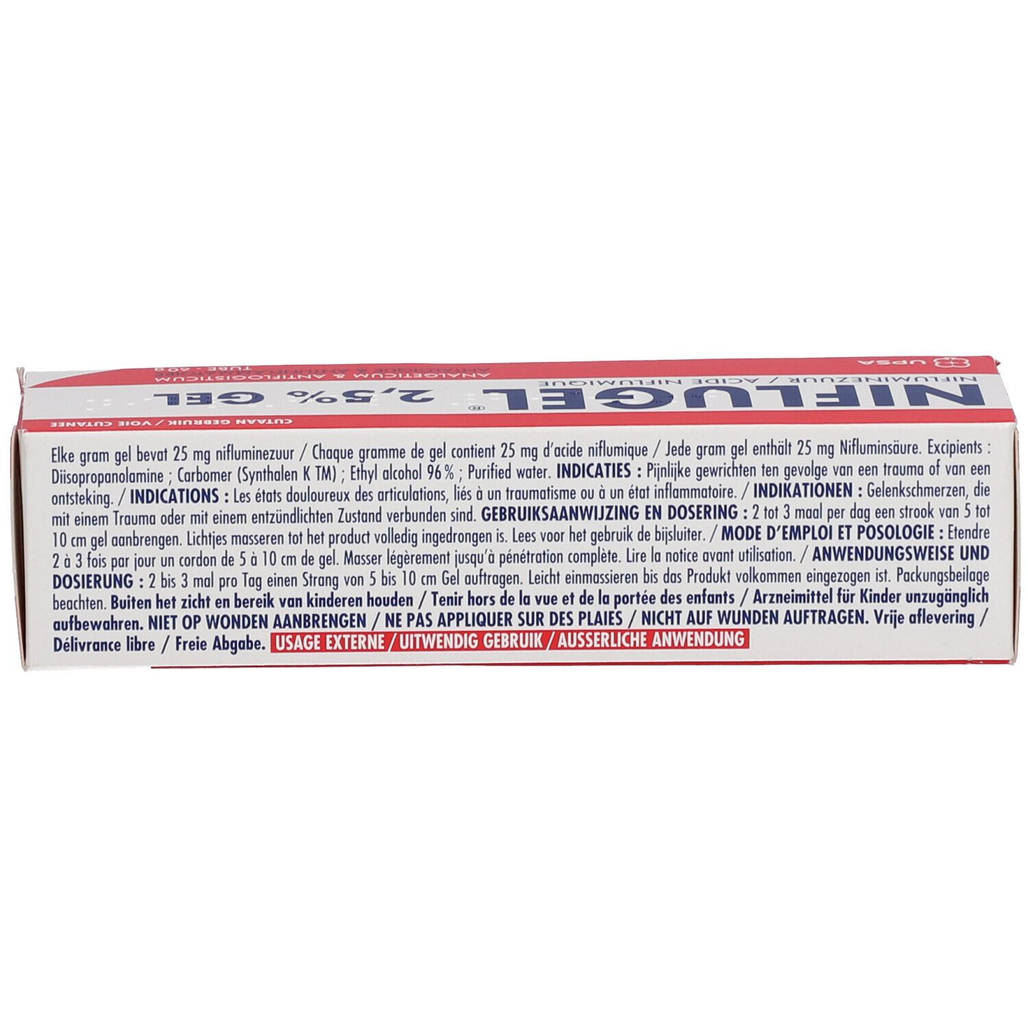 Achterkant van de Niflugel 2,5% Gel doos. Bevat informatie over ingrediënten, gebruik en dosering.