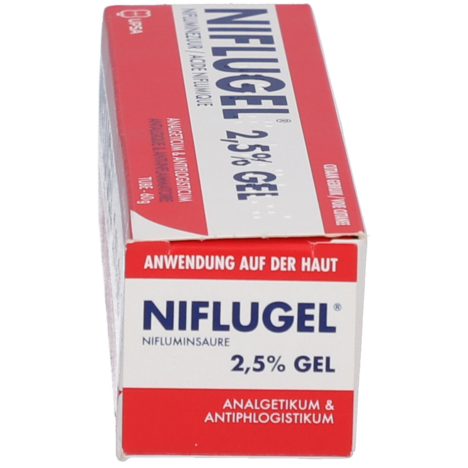 Doos Niflugel 2,5% Gel. Rode doos met productnaam en gebruiksaanwijzing. Merk UPSA.