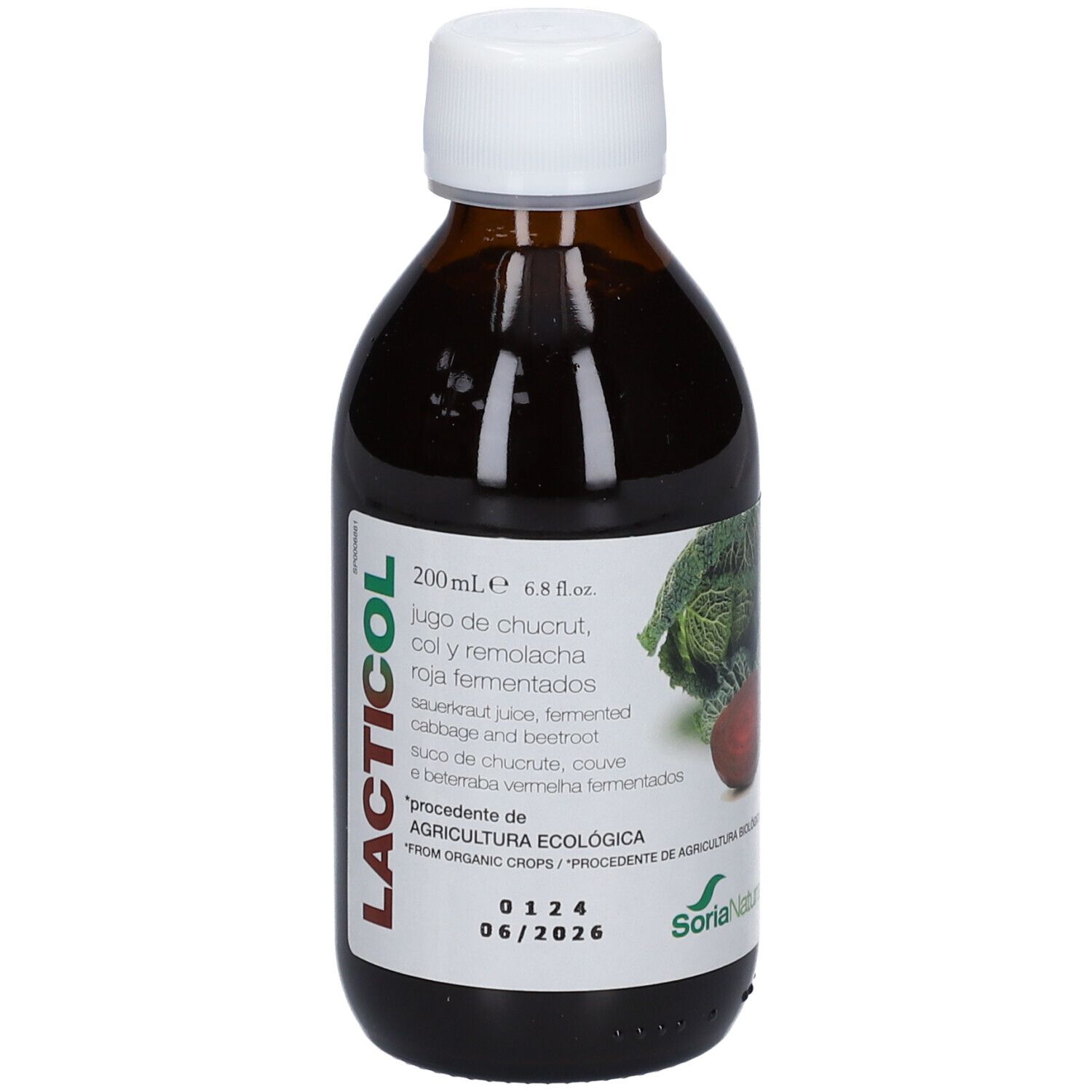 Flacon en verre brun avec bouchon blanc. Étiquette avec nom LACTICOL et informations. Date de péremption 06/2026.