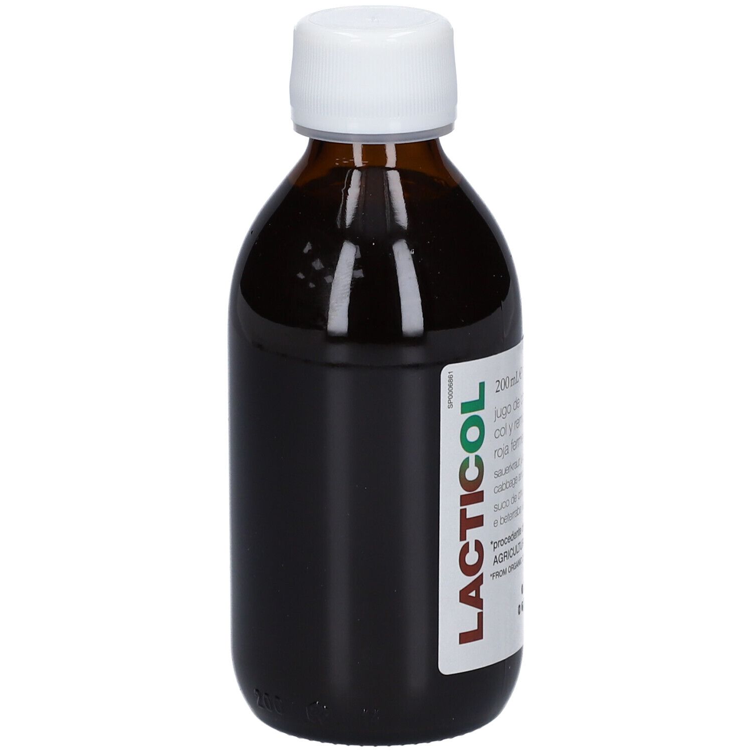 Flacon en verre brun avec bouchon blanc. Nom du produit LACTICOL sur l'étiquette. Vue latérale.