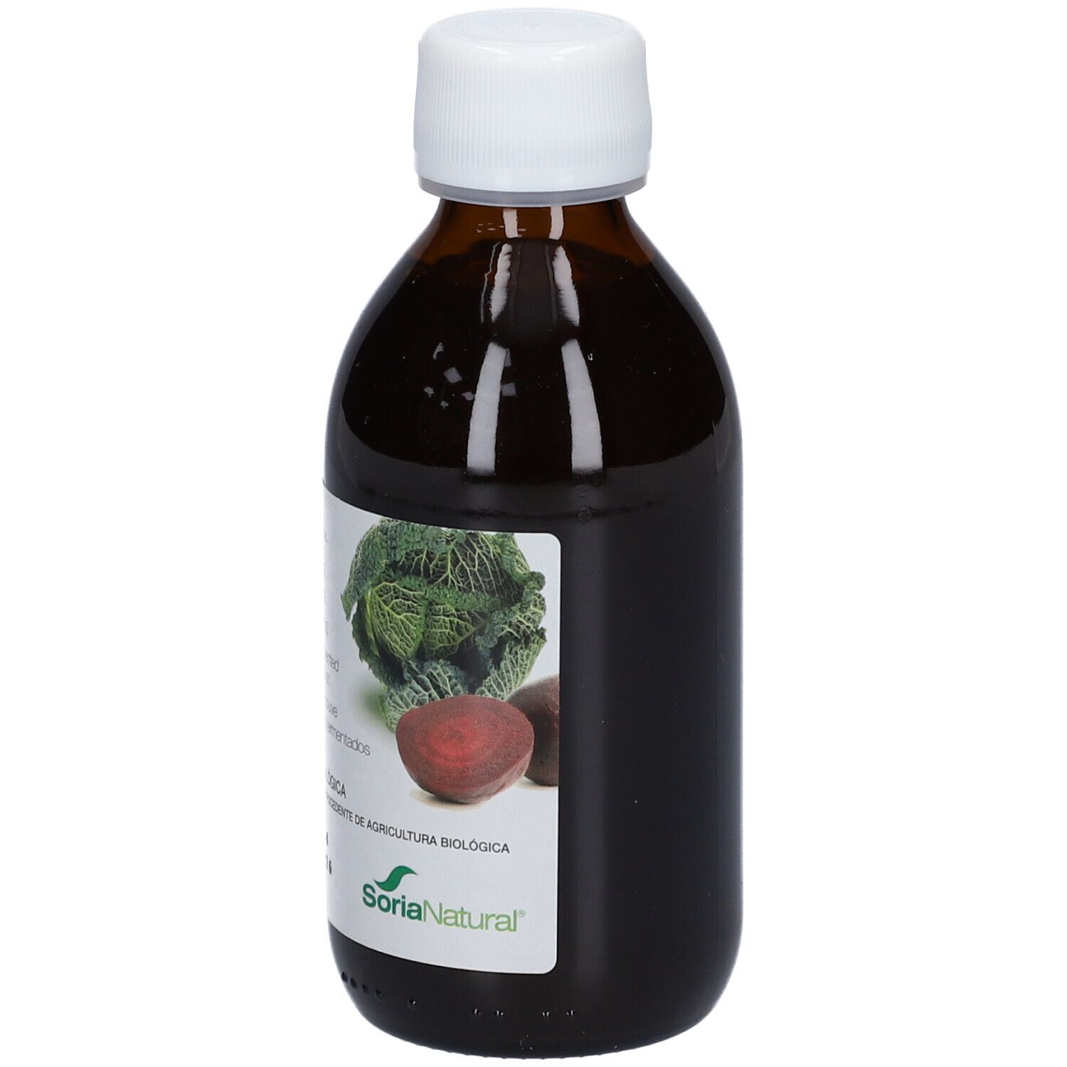 Flacon en verre brun avec bouchon blanc. Étiquette avec nom LACTICOL et illustrations. Logo Soria Natural.