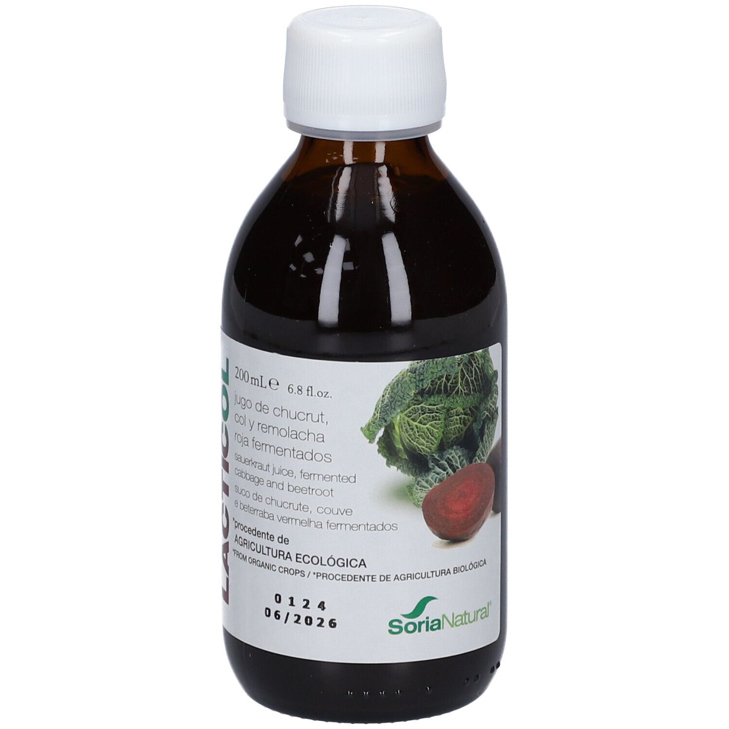 Flacon en verre brun avec bouchon blanc. Étiquette avec nom LACTICOL et informations. Date de péremption 06/2026.