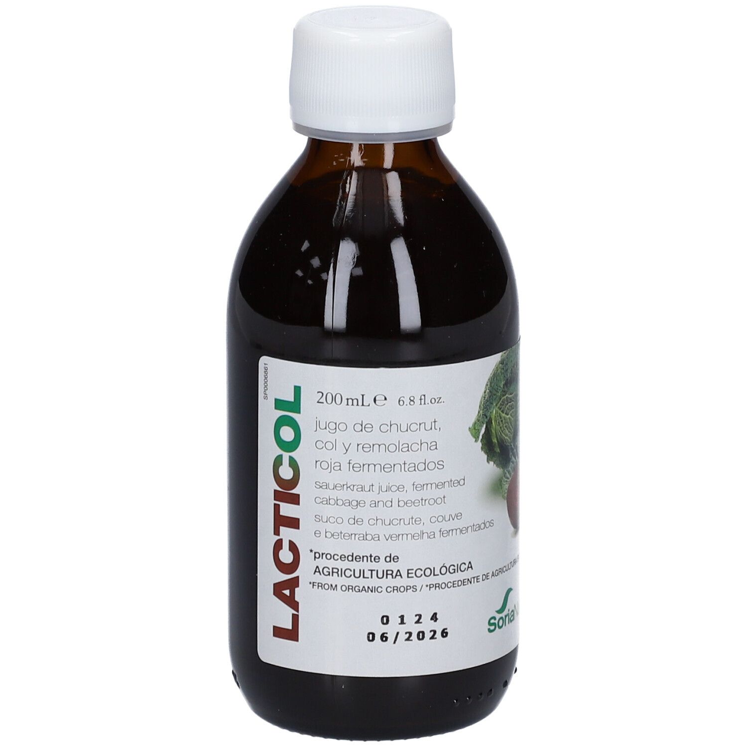 Flacon en verre brun avec bouchon blanc. Étiquette avec nom LACTICOL et informations. Date de péremption 06/2026.