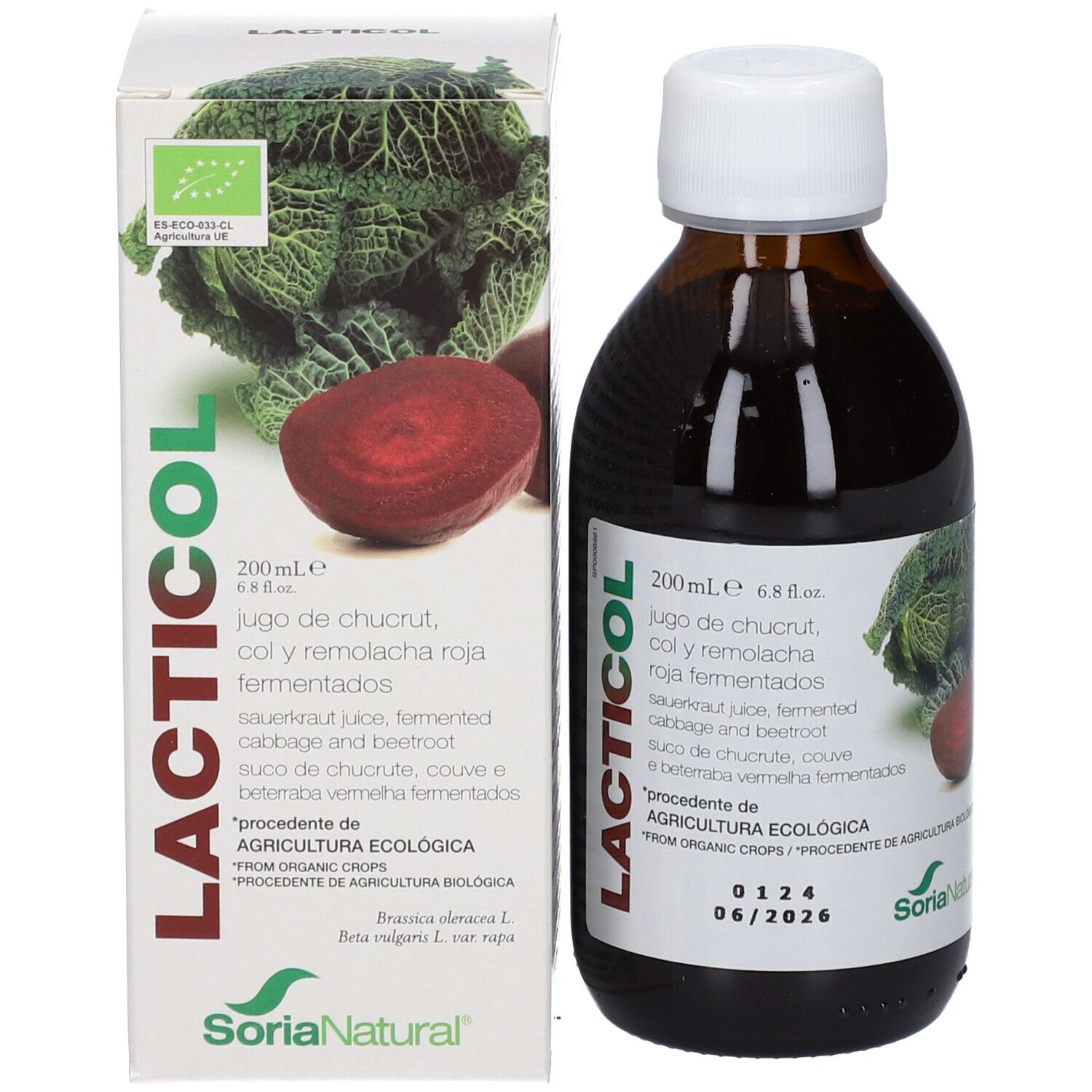 Flacon et emballage du produit. Flacon avec bouchon blanc, emballage avec nom LACTICOL. Label bio.
