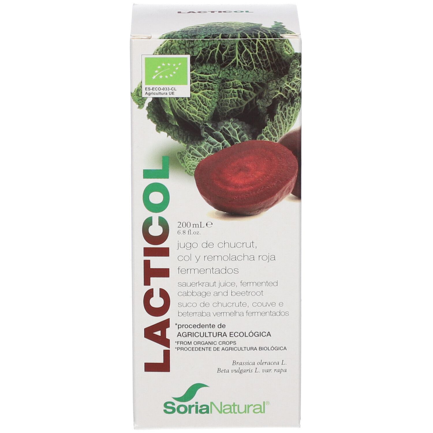 Emballage du produit. Boîte avec nom LACTICOL, label bio et illustrations. Orientation verticale.