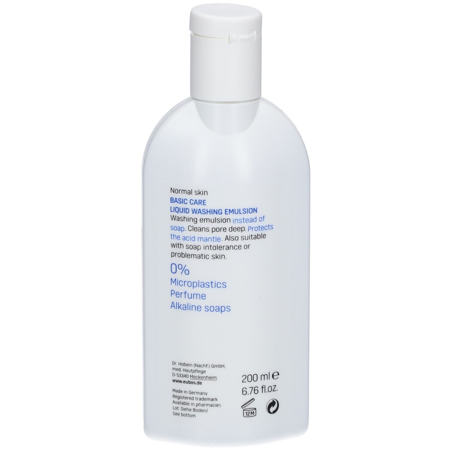 Dos du flacon blanc. Texte: Peau normale, Émulsion lavante liquide, 0% microplastiques, parfum, savons alcalins.