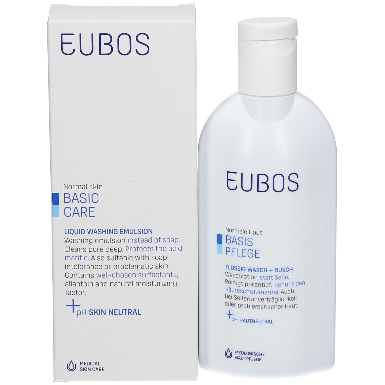 Emballage du produit: Boîte et flacon blancs. Inscription: EUBOS, Soin de base, Lavage liquide + Douche. pH neutre.