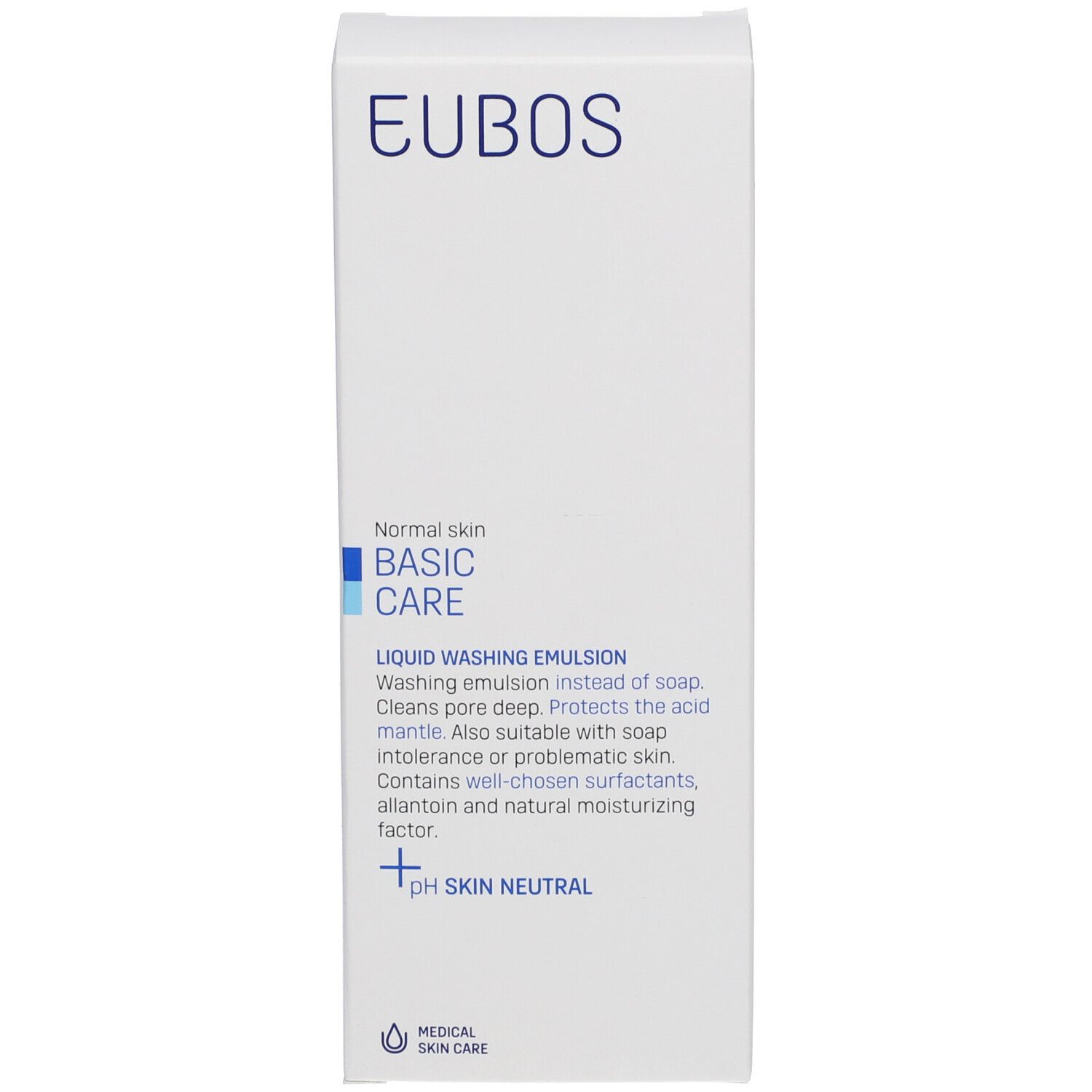 Boîte rectangulaire blanche. Inscription: EUBOS, Soin de base, Émulsion lavante liquide. pH neutre pour la peau.