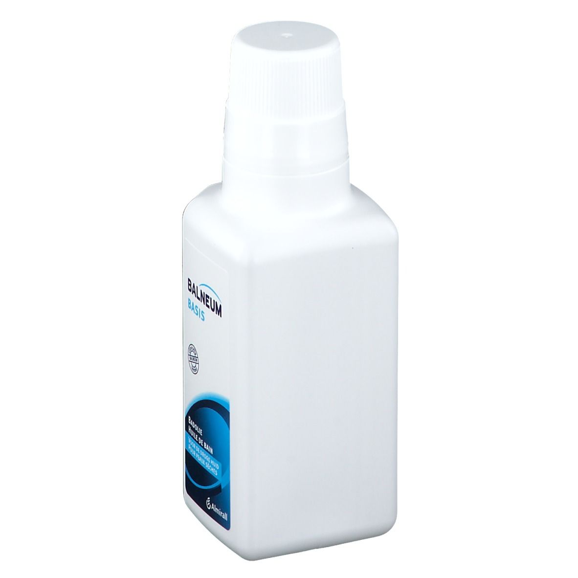 Flacon blanc avec étiquette BALNEUM BASIS. Graphique bleu. Nom du produit et logo visibles.