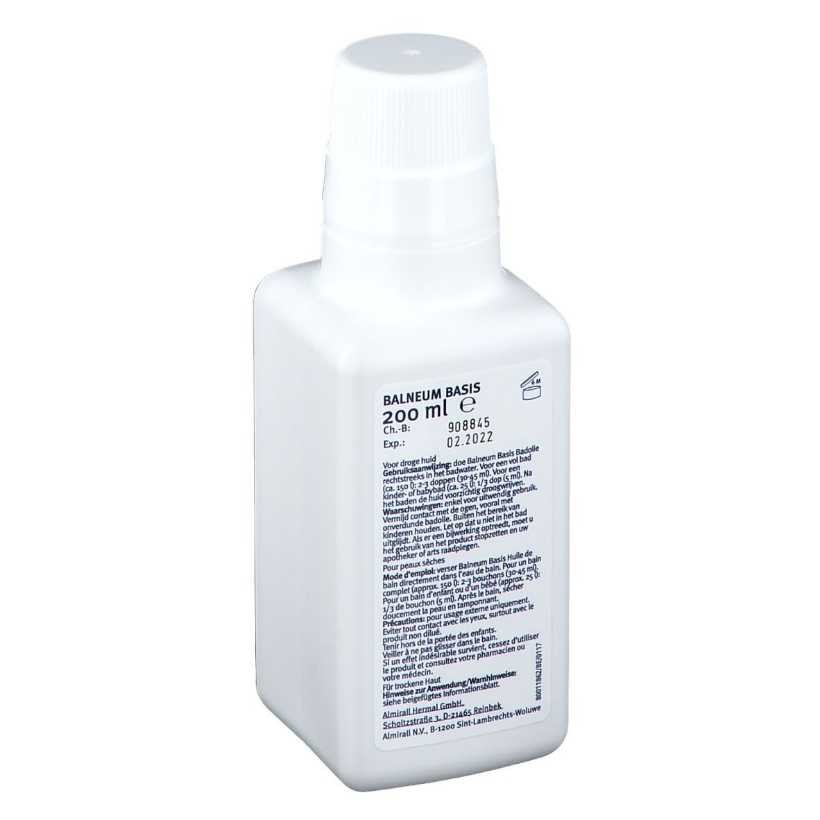 Dos d'un flacon blanc. Informations textuelles et nom du produit BALNEUM BASIS visibles. 200 ml.