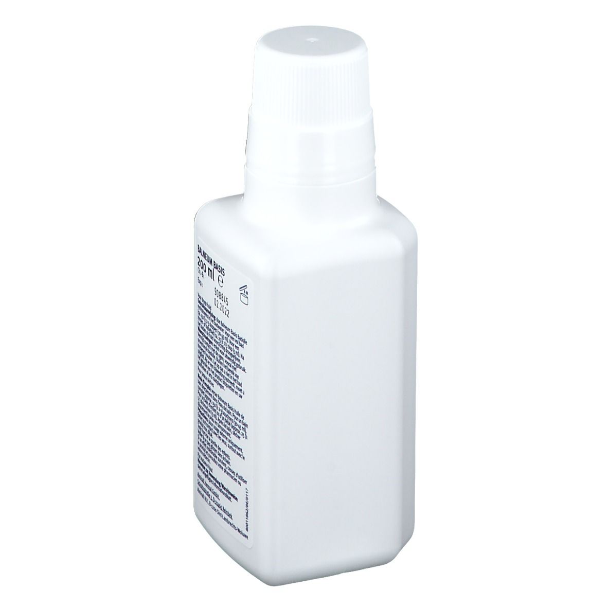 Dos d'un flacon blanc. Informations textuelles et nom du produit BALNEUM BASIS visibles.