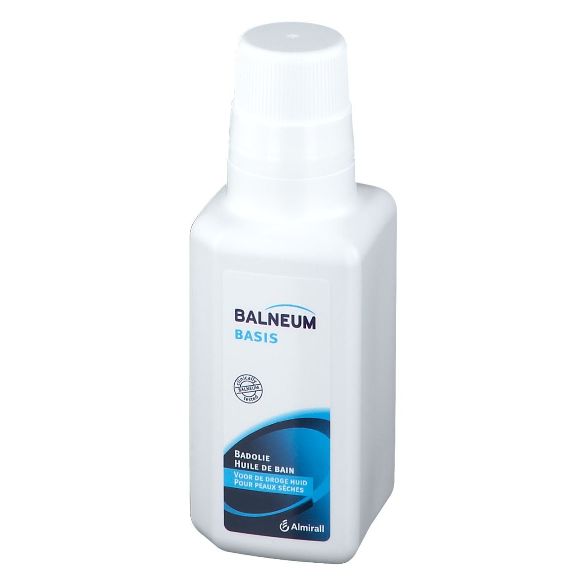 Flacon blanc avec étiquette BALNEUM BASIS. Graphique bleu. Nom du produit et logo visibles.