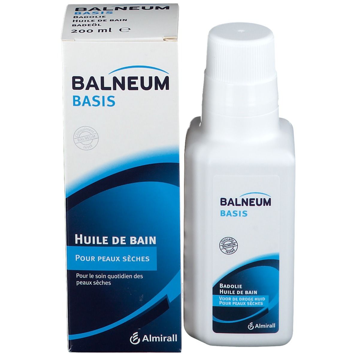 Emballage et flacon du produit. Flacon et boîte BALNEUM BASIS. Nom du produit et logo visibles.