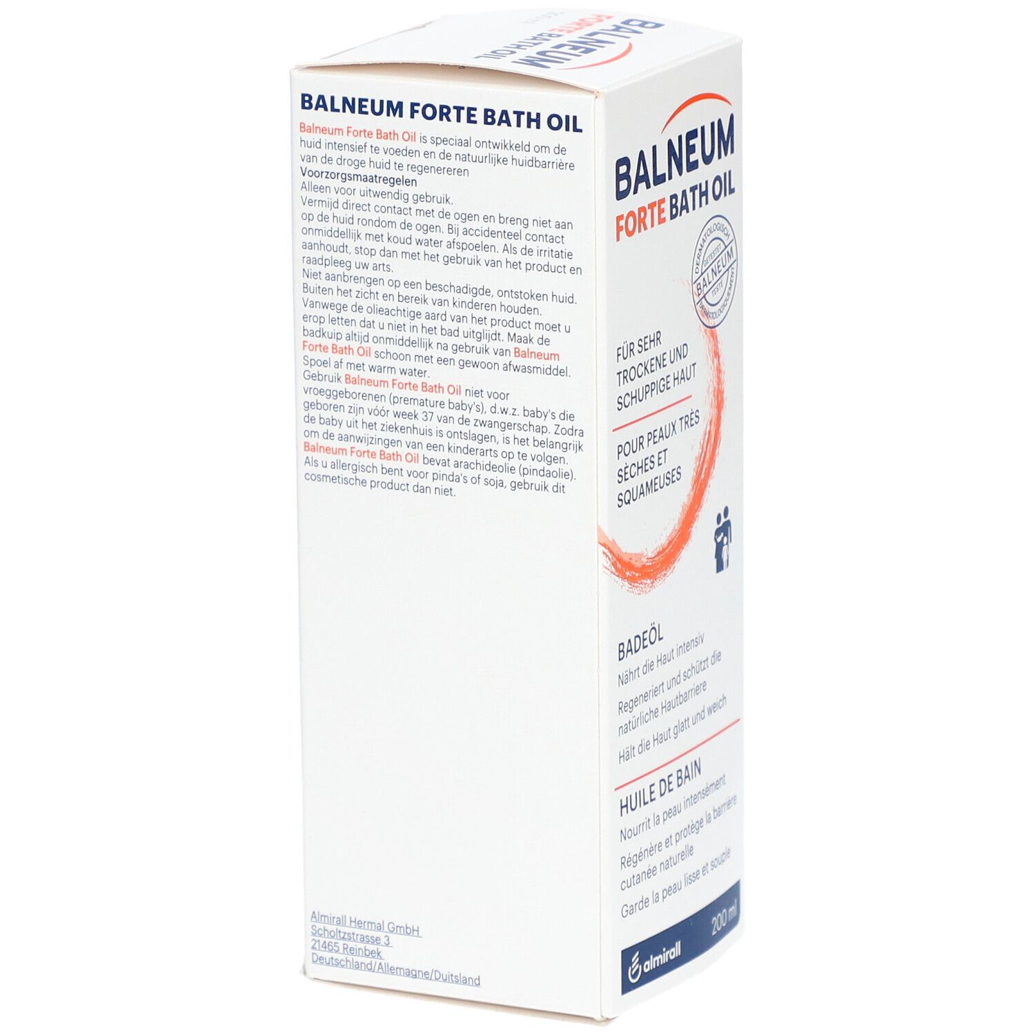 Vue latérale de l'emballage blanc "Balneum Forte Bath Oil". Texte en allemand et néerlandais. Logo et 200 ml.
