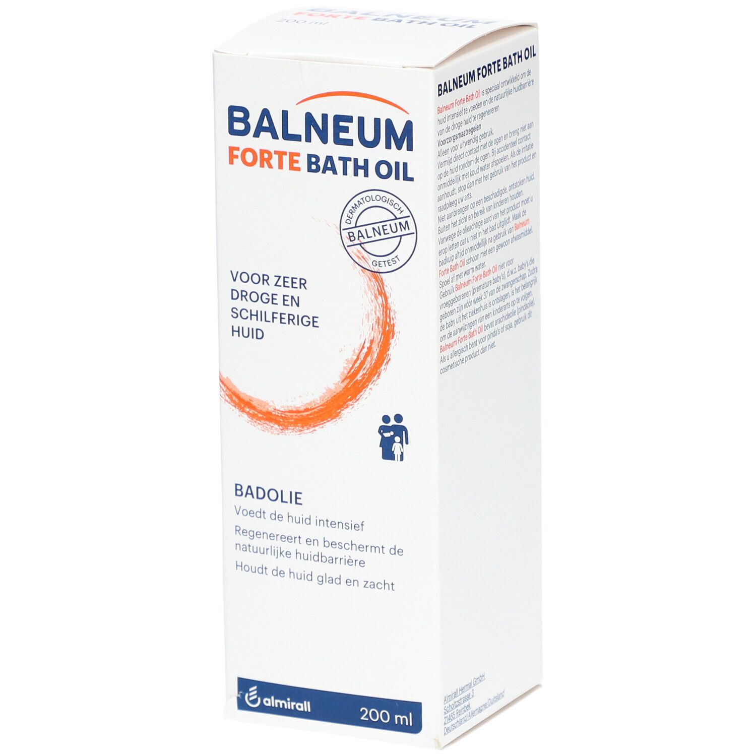 Emballage blanc "Balneum Forte Bath Oil". Texte: Pour peaux très sèches et squameuses. Logo et 200 ml.