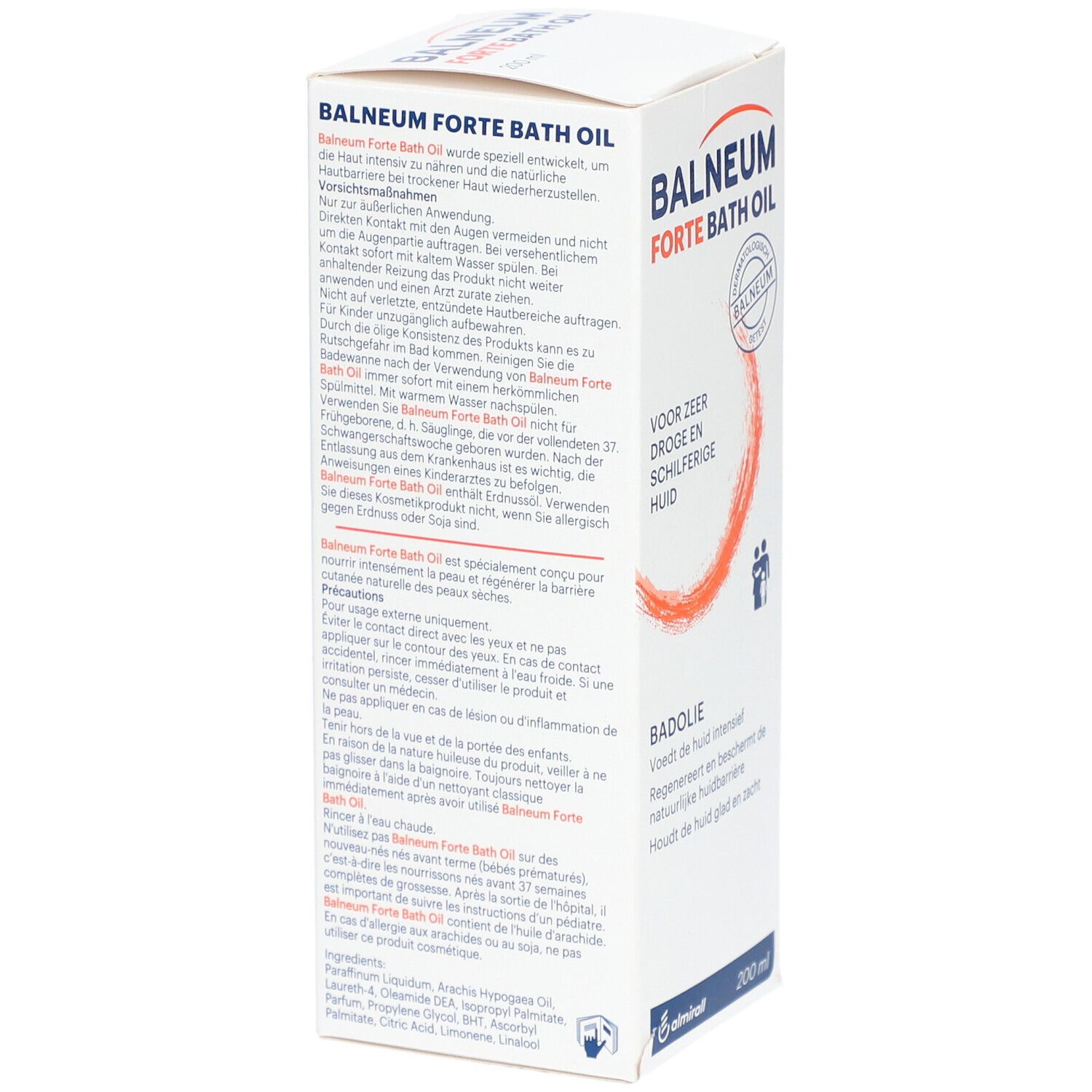 Vue latérale de l'emballage blanc "Balneum Forte Bath Oil". Texte en allemand et néerlandais. Logo et 200 ml.
