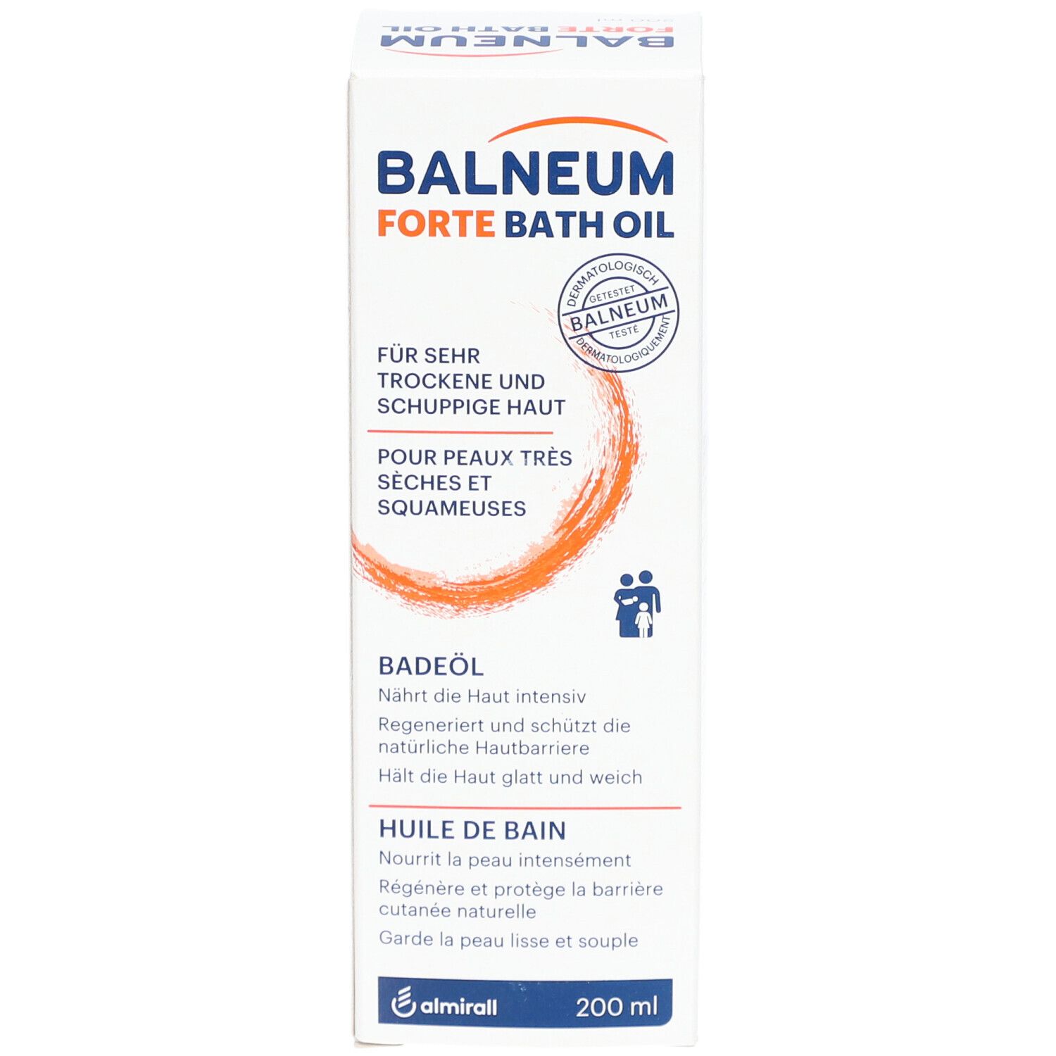 Emballage blanc "Balneum Forte Bath Oil". Texte: Pour peaux très sèches et squameuses. Logo et 200 ml.