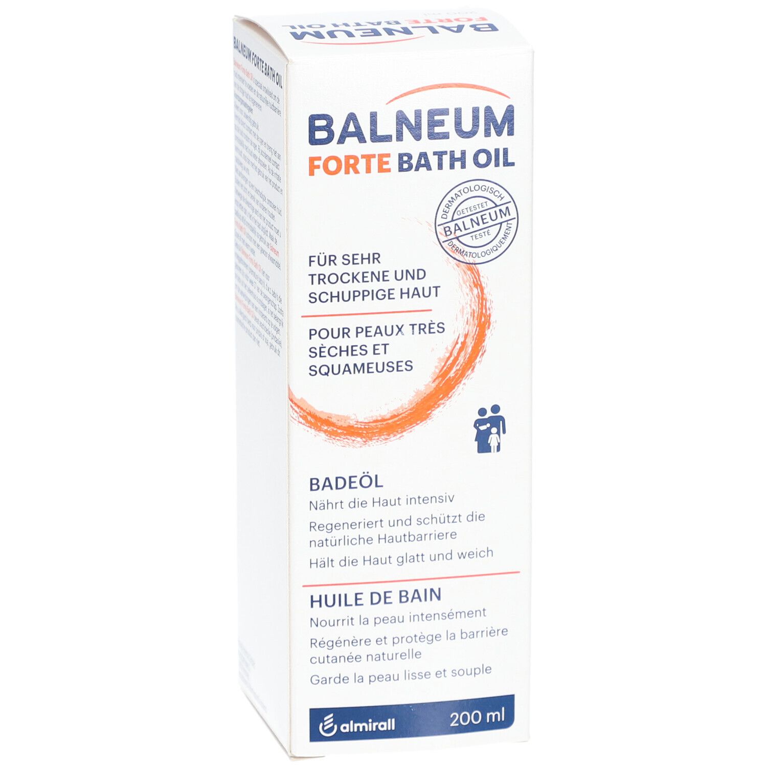 Emballage blanc "Balneum Forte Bath Oil". Texte: Pour peaux très sèches et squameuses. Logo et 200 ml.