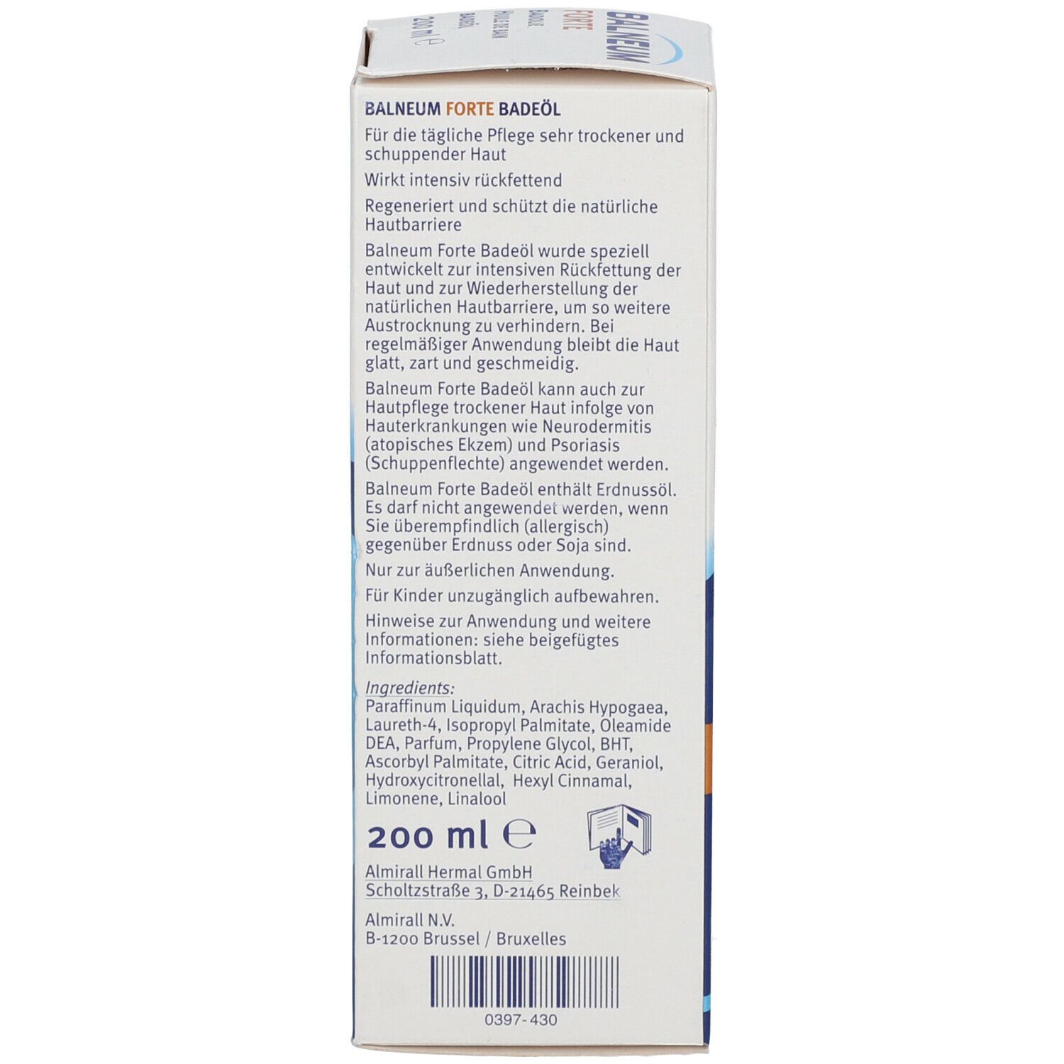 Dos de l'emballage blanc "Balneum Forte Bath Oil". Texte, ingrédients et 200 ml.
