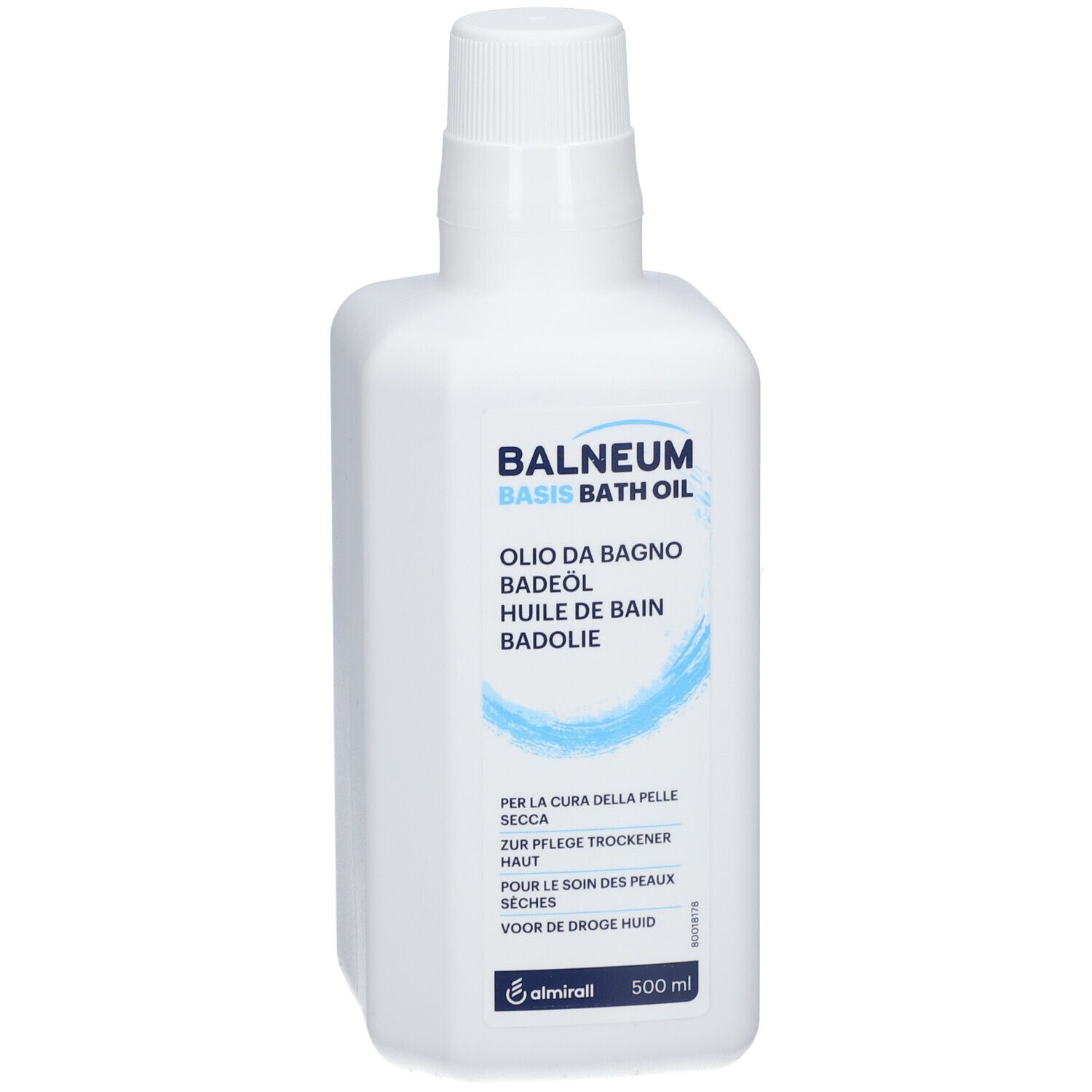 Weiße Flasche mit BALNEUM Basis Badeöl-Aufdruck. Mehrsprachige Beschriftung. Blaue Wellen-Grafik. 500 ml.
