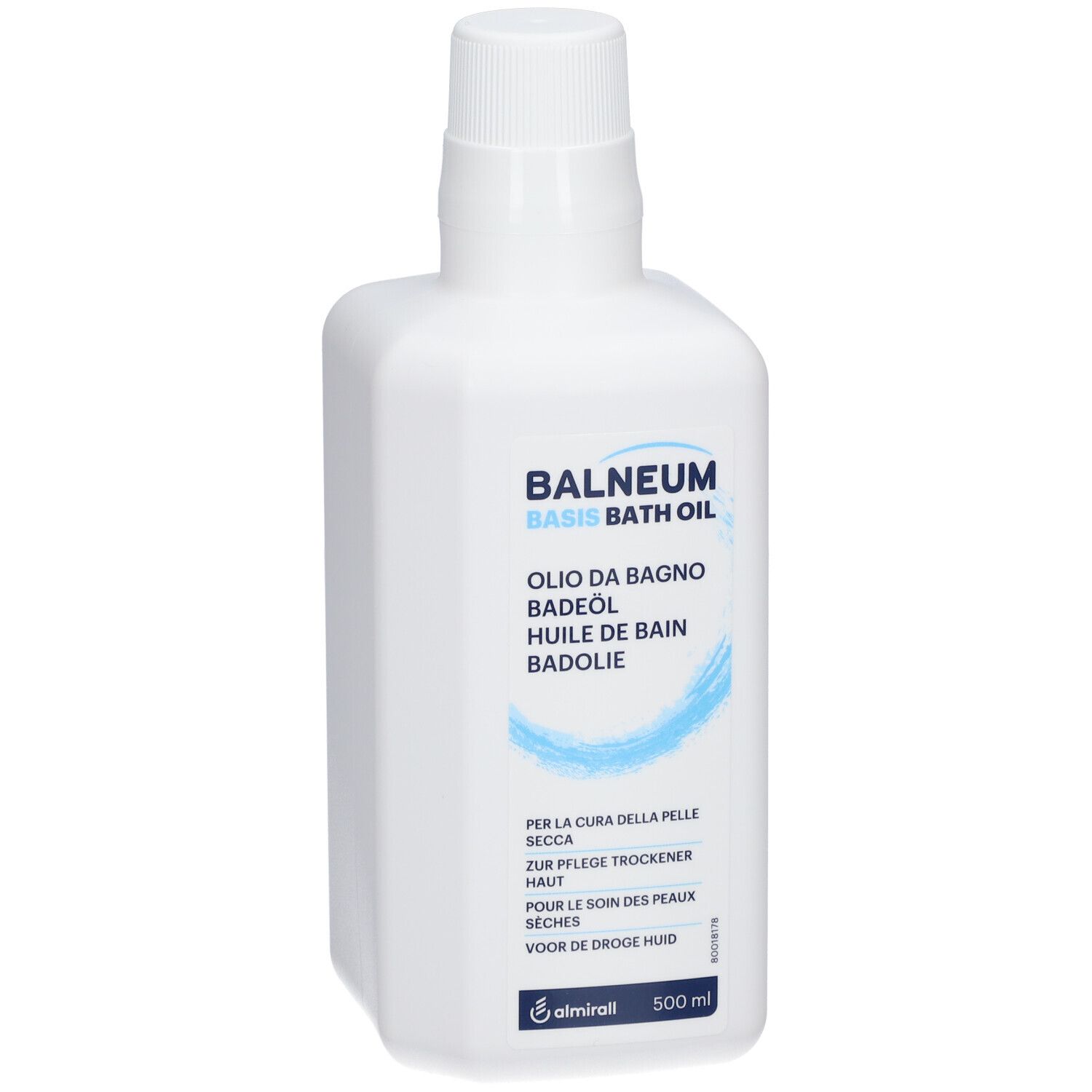 Weiße Flasche mit BALNEUM Basis Badeöl-Aufdruck. Mehrsprachige Beschriftung. Blaue Wellen-Grafik. 500 ml.
