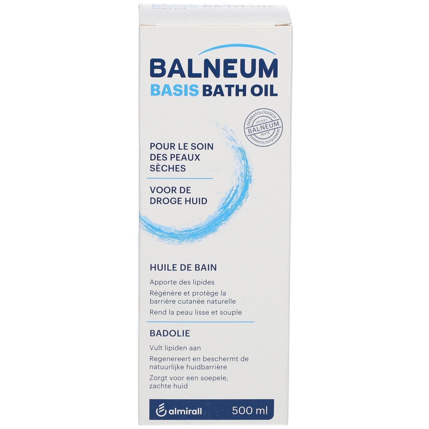 Produktverpackung und Flasche. Karton mit BALNEUM Basis Badeöl-Aufdruck. Flasche mit 500 ml.