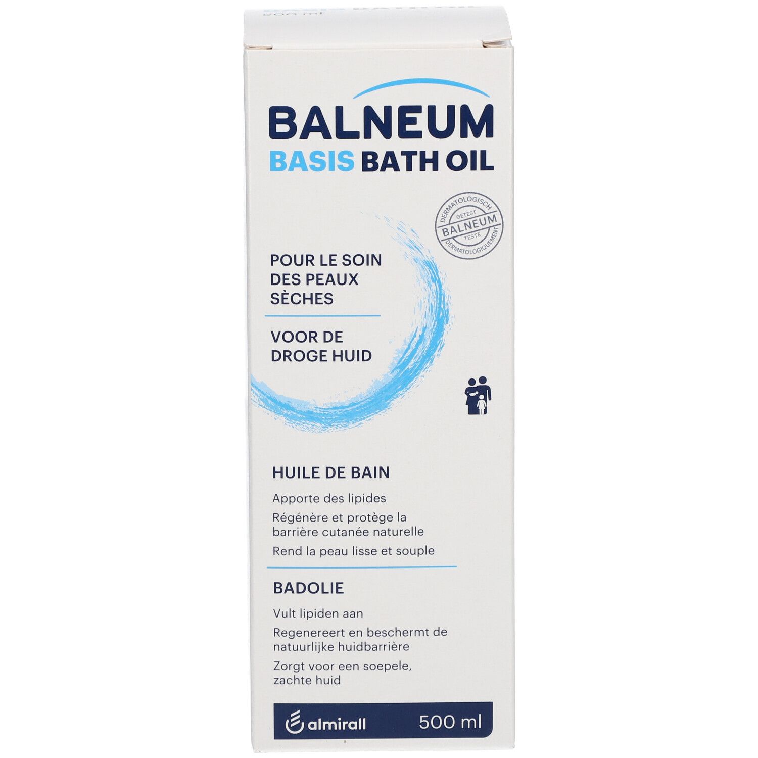 Produktverpackung. Karton mit BALNEUM Basis Badeöl-Aufdruck. Mehrsprachige Produktinformationen. 500 ml.