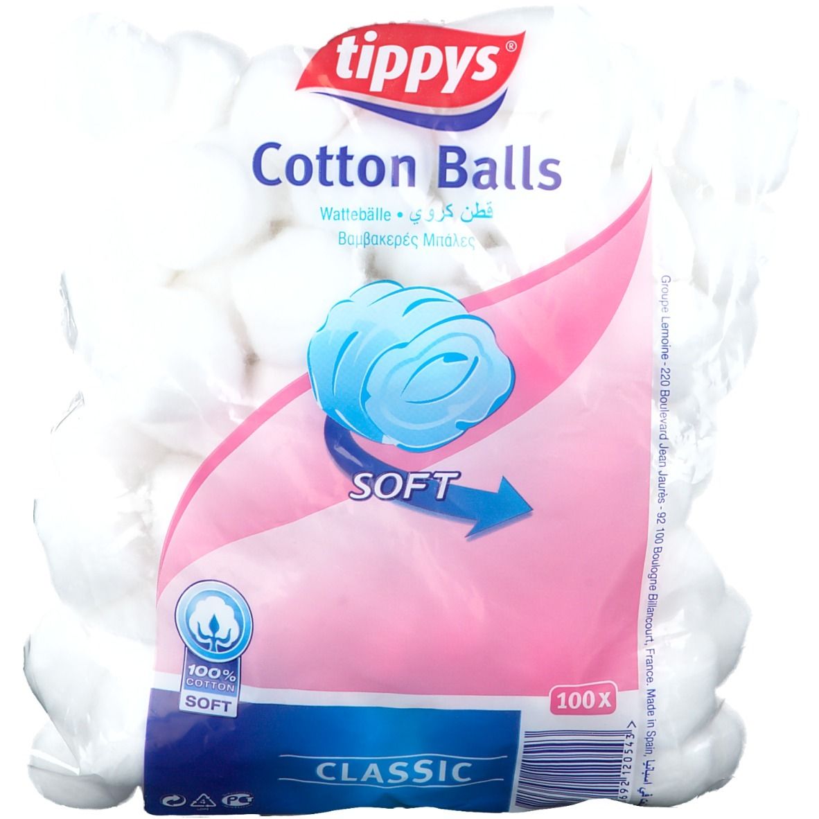 Paquet de boules de coton. Marque : tippys. Texte : Cotton Balls, 100% Soft, Classic. Emballage rose et bleu.