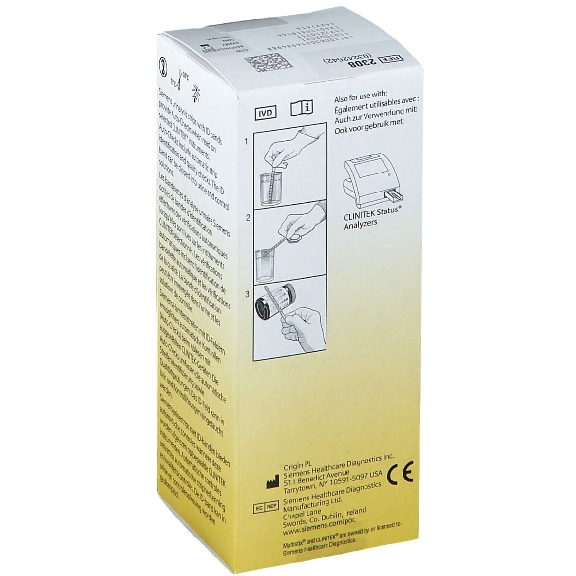 Côté de la boîte de Siemens Multistix 5. Illustrations montrant l'application des bandelettes. Avec CLINITEX Status Analyzers.