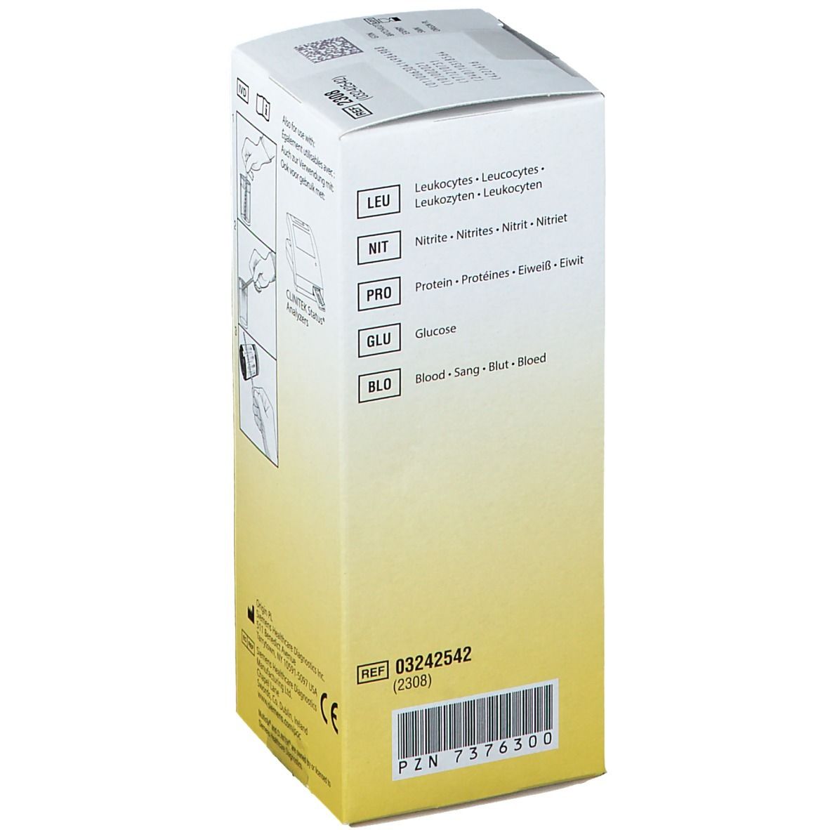 Côté de la boîte de Siemens Multistix 5. Liste des paramètres de test : LEU, NIT, PRO, GLU, BLO. Avec code-barres et numéro de référence.