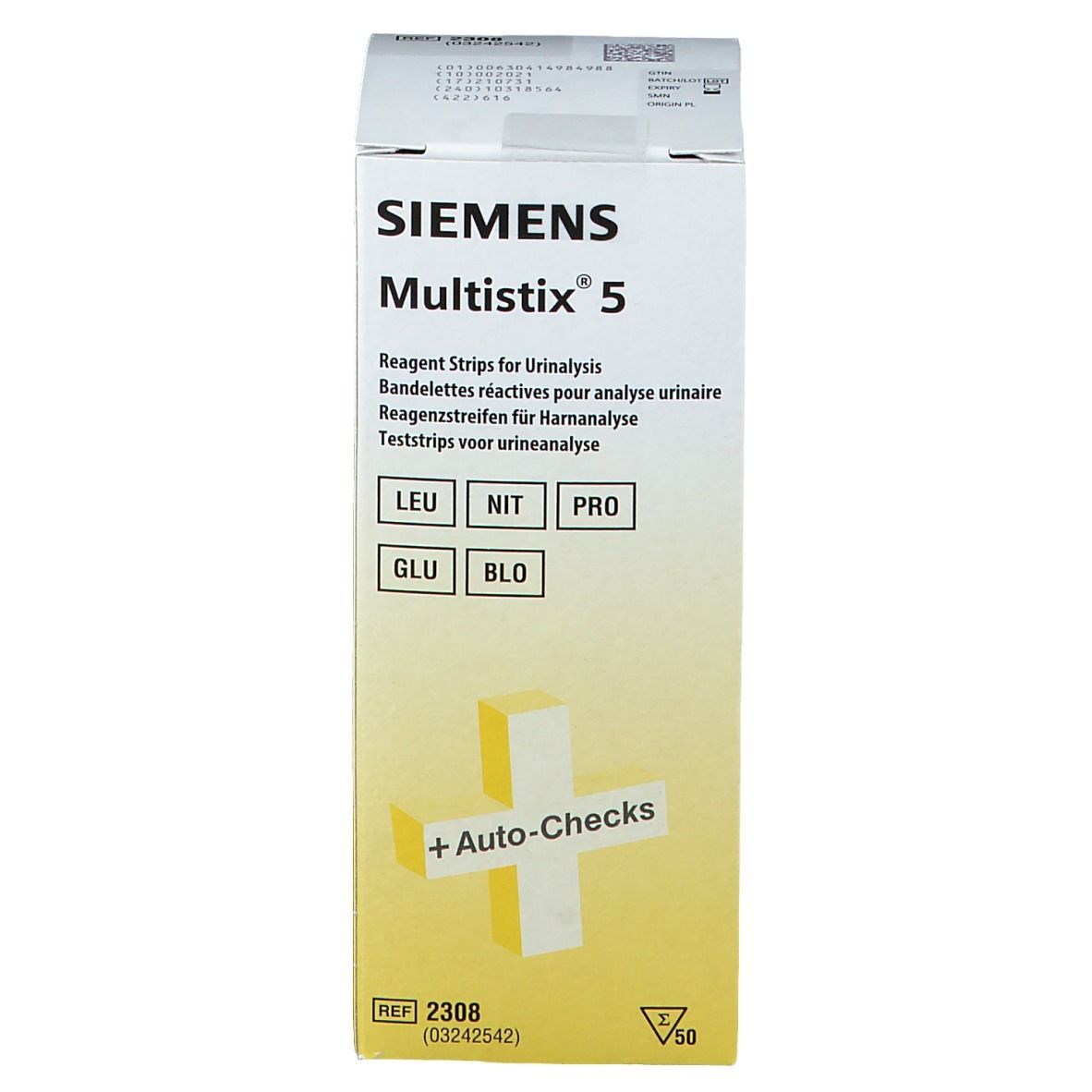 Face avant de la boîte de Siemens Multistix 5. Inscription : Bandes réactives pour analyse d'urine. Avec logo et paramètres de test.