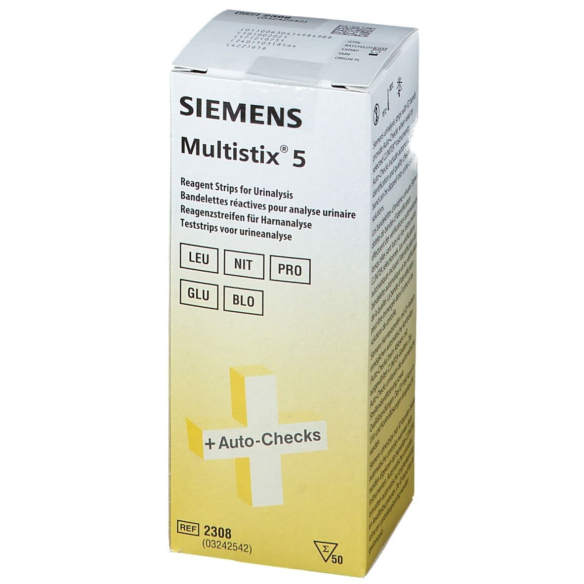 Face avant de la boîte de Siemens Multistix 5. Inscription : Bandes réactives pour analyse d'urine. Avec logo et paramètres de test.